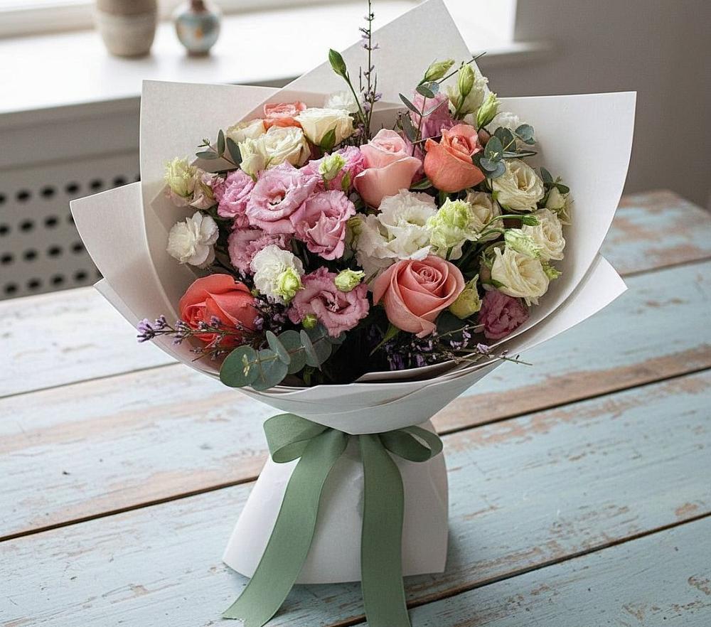 Букет цветов из: Розы, Лизиантусы и Гвоздики в Багратионовске